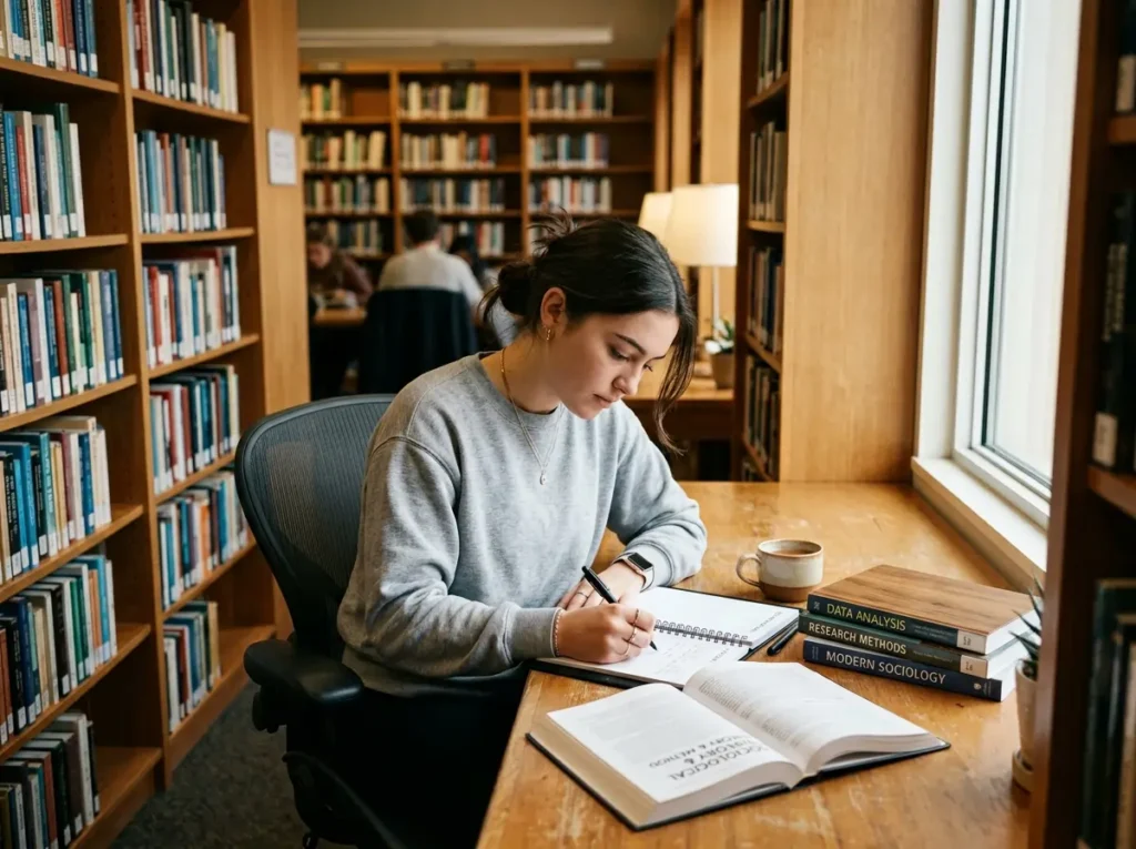 student studying in the library