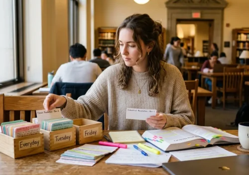 Student using Leitner system flashcards