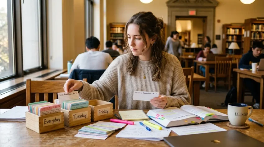 Student using Leitner system flashcards