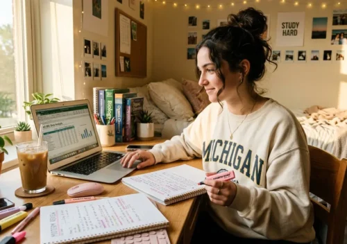college student reading her syllabus