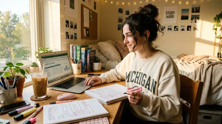 college student reading her syllabus