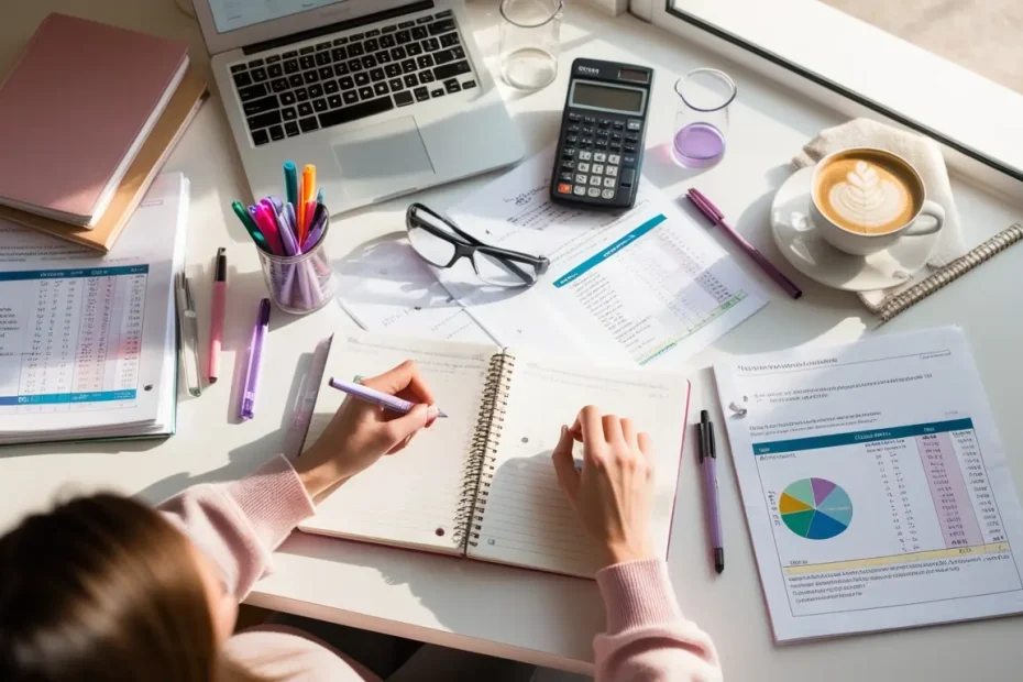 A cozy study scene captured from above showing a college student's hands writing in a lab report at a white desk. The scene includes an open chemistry textbook, colorful highlighters and pens neatly arranged, a scientific calculator, safety goggles, a small beaker with clear liquid, and scattered lab worksheets with graphs and data tables. Soft natural lighting streams in from the side, creating gentle shadows. The color palette is warm and inviting with soft pastels - pink notebook covers, lavender pens, and cream-colored papers. The student is wearing a light pink sweater, and there's a cup of coffee with latte art visible in the corner. The overall mood is organized, studious, and feminine with a Pinterest-worthy aesthetic.