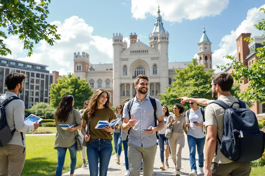 A campus tour guide taking prospective college students on a tour.
