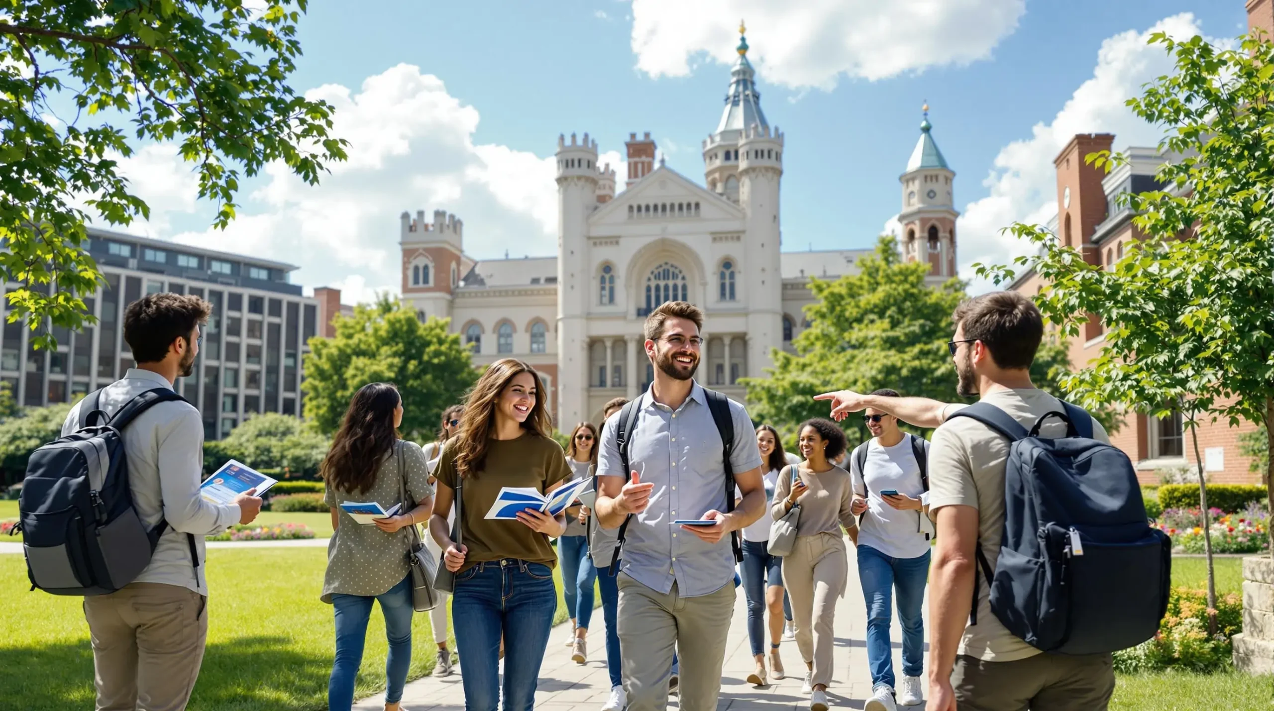 A campus tour guide taking prospective college students on a tour.