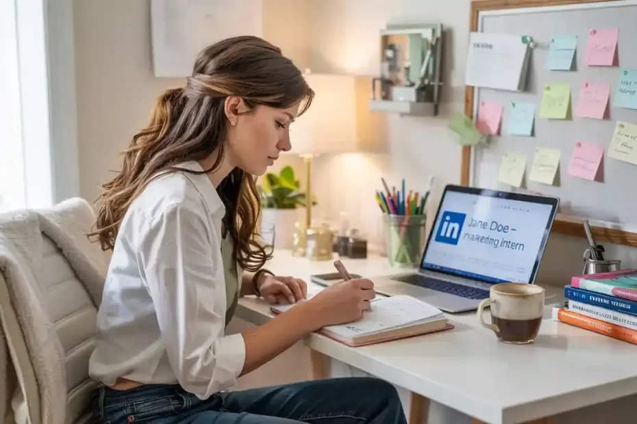 A bright, airy college dorm room or study space with warm natural lighting streaming through a window. A young woman sits at a clean white desk, actively engaged in career planning - she's writing in a planner while her laptop displays a LinkedIn profile. Around her workspace are organized supplies: colorful sticky notes on a vision board, a stack of business books, a professional outfit hanging nearby, and a coffee mug. She's wearing casual but put-together clothing in soft pastels. The scene conveys focused productivity and career ambition in a feminine, aspirational aesthetic with soft pink and cream tones throughout. These 11 actionable strategies will help you become more career-oriented during college.