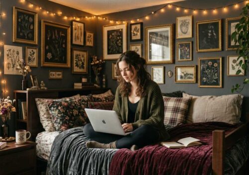 college student in a gothic dorm decor