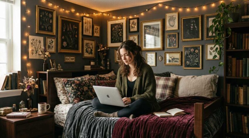 college student in a gothic dorm decor