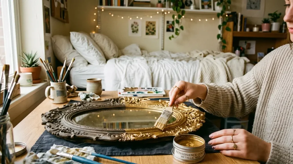 thrifted mirror old money dorm decor