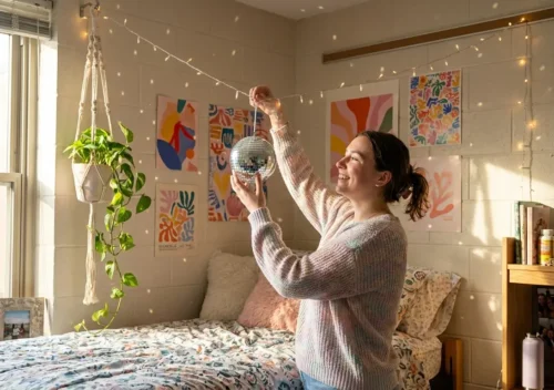college student dorm with dopamine decor