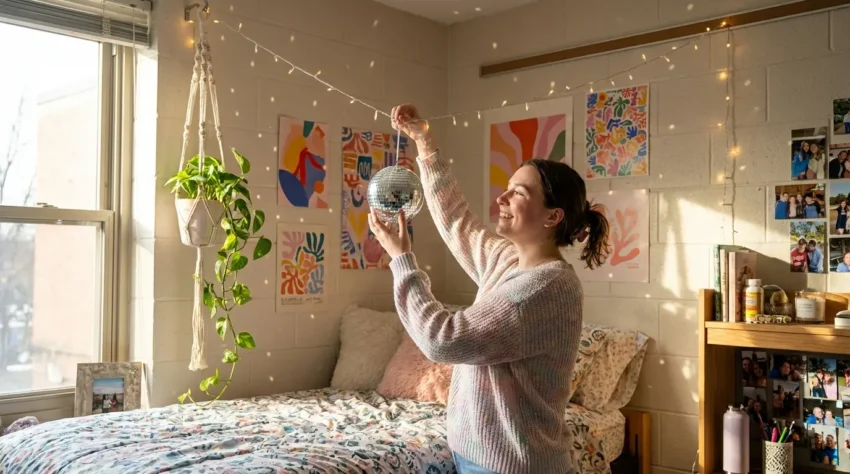 college student dorm with dopamine decor