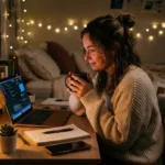 student using a mushroom lamp in her dorm room