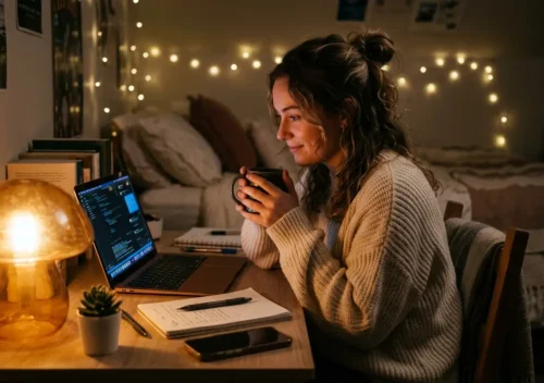 student using a mushroom lamp in her dorm room