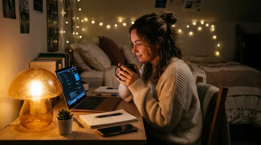 student using a mushroom lamp in her dorm room