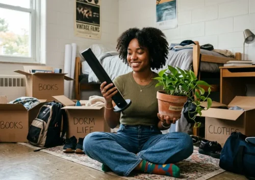 college student deciding between city glow and cottage flow dorm room ideas