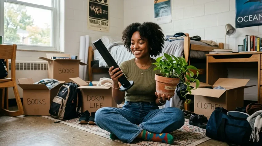 college student deciding between city glow and cottage flow dorm room ideas
